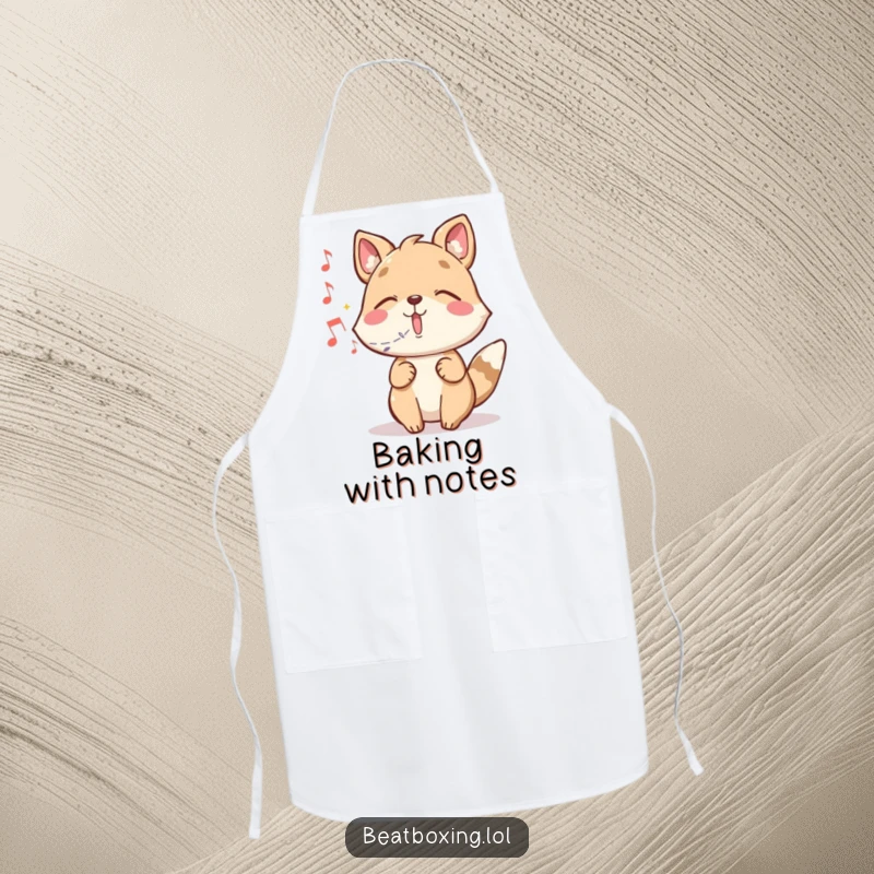 Funny apron with a whimsical animal character conjuring musical notes while cooking with magic.