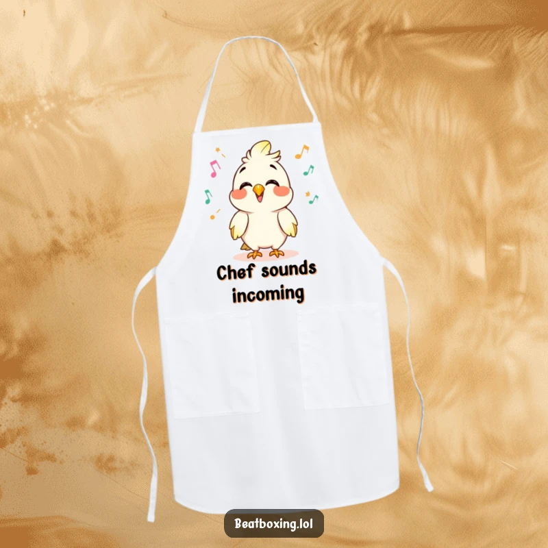 Funny apron showcasing a giggling parrot character mimicking sounds, clicks and pops flying from its beak, perfect for kitchen fun.