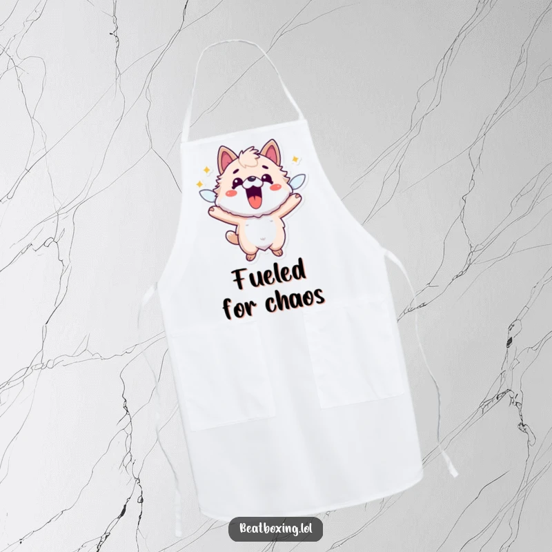 Funny apron featuring a fuzzy animal character buzzing with culinary energy, mouth open in a humorous cooking expression.