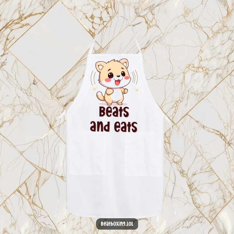 Funny apron with a friendly animal character producing a percussive sound wave, ideal for musical chefs.