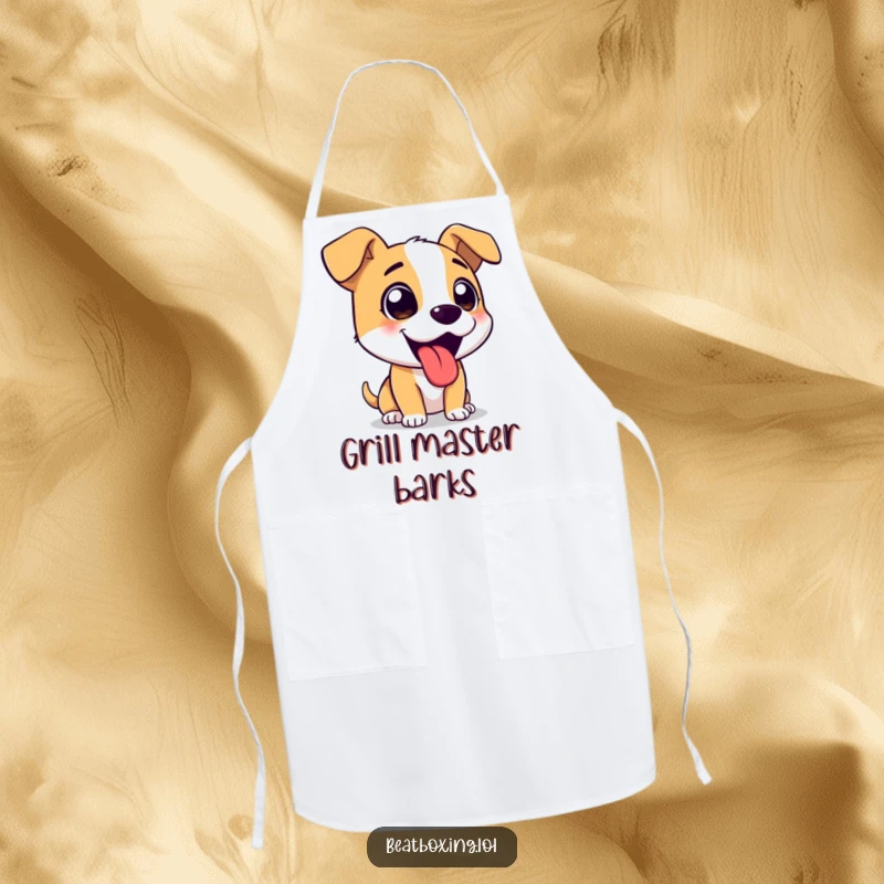 Funny apron showing an excited dog barking, tongue out, wearing a chef's hat.