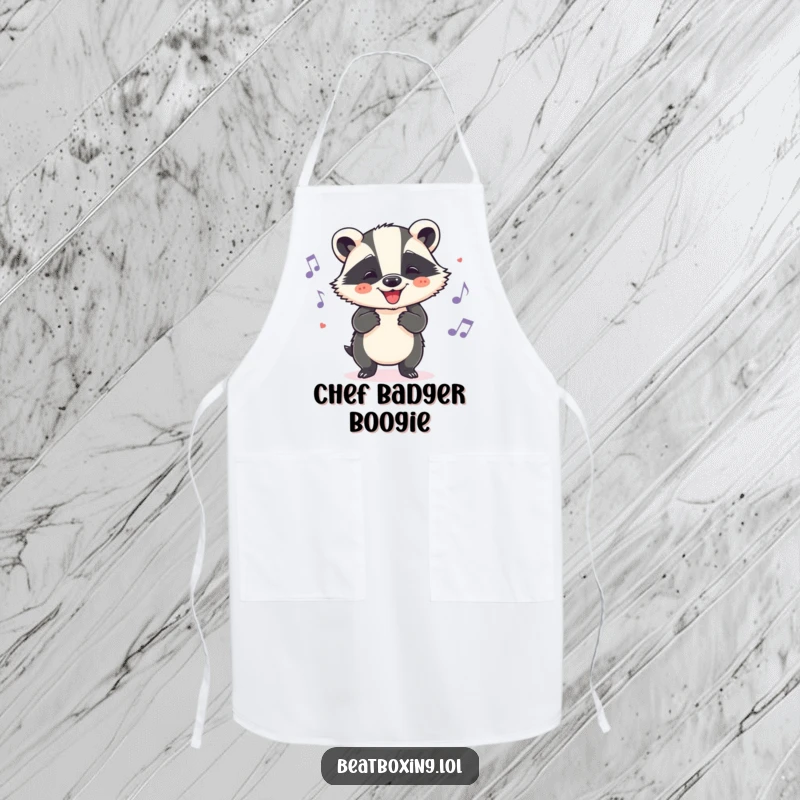 Funny badger apron showing a cheerful character grooving to a beat with head nods, a hilarious and practical kitchen accessory.