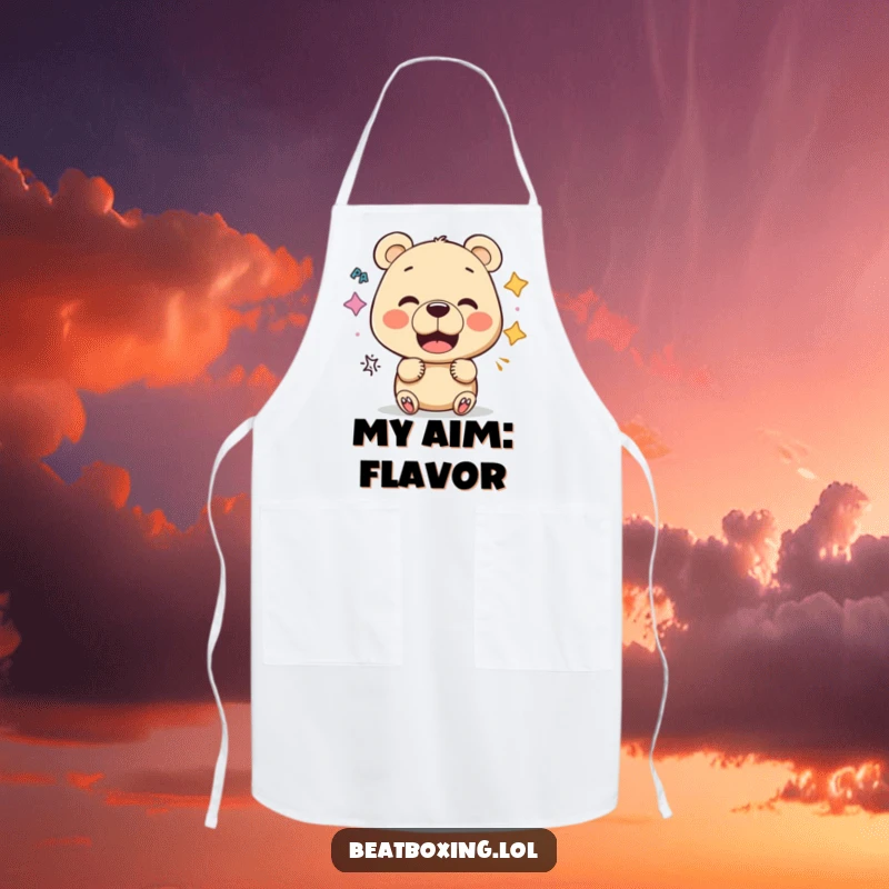 Funny Bear Vocalist Apron: A humorous apron showcasing a curious bear experimenting with mouth shapes for unique cooking sounds.