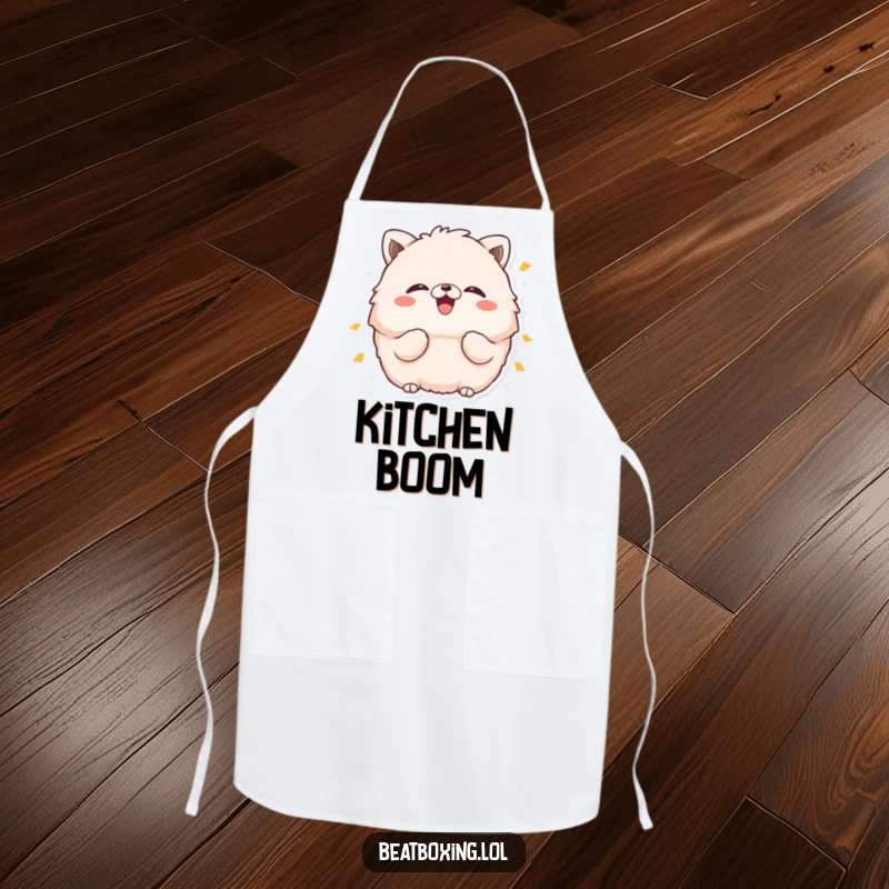 Funny apron featuring a fluffy animal character with puffed cheeks, enthusiastically making a 'boom' sound while cooking or baking.