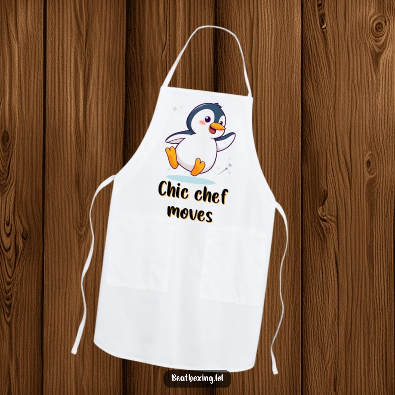 Funny Cool Penguin Kitchen Apron featuring a stylish penguin character sliding and spinning to an imaginary beat, for humorous and stylish cooking.