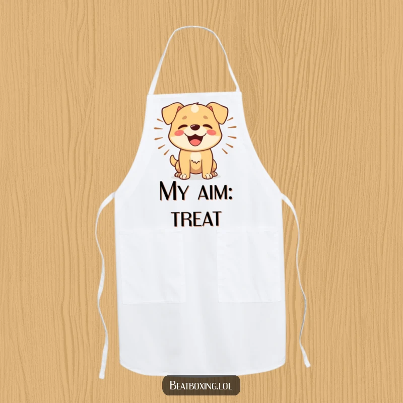 Funny Dog Barker Apron: A humorous apron showcasing a happy dog barking rhythmically with sound waves while cooking.