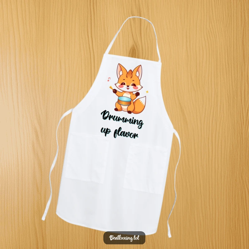 Funny Fox Apron: A cheerful fox rhythmically drums on its head with its paws while cooking, a humorous kitchen accessory.