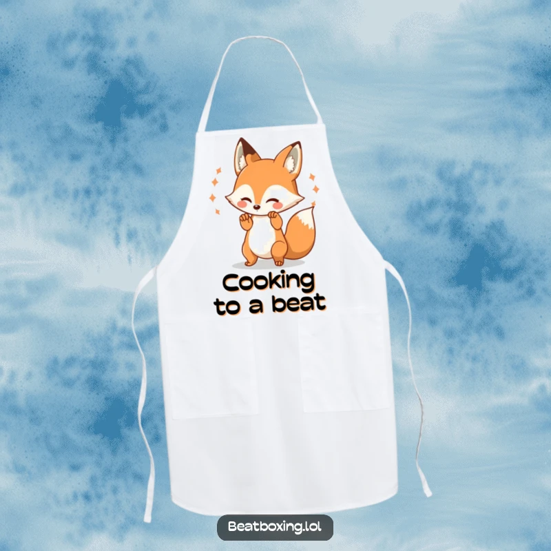 Funny Fox Apron: A cheerful fox character beating its paws rhythmically while cooking, creating visual pulses, ideal for kitchen fun.