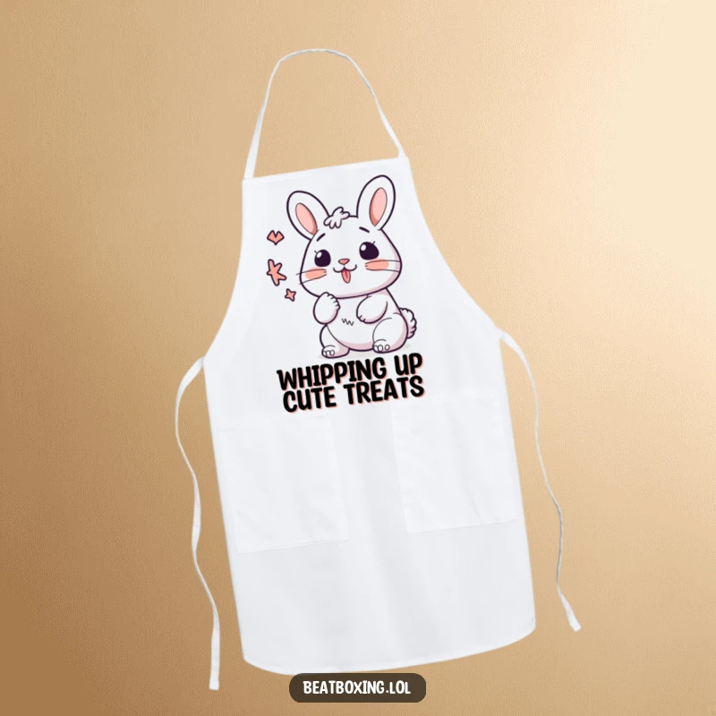 Funny kawaii bunny apron, lips forming a 'K' sound with rhythmic motion, perfect for kitchen use.