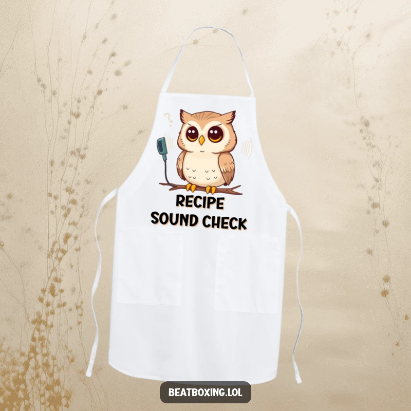 Funny apron featuring a thoughtful owl listening intently to a synthesized sound wave, suitable for the kitchen.