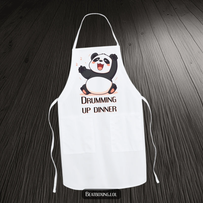 Funny Panda Apron: A jubilant panda creates amusing percussive sounds by slapping its belly while cooking, a humorous kitchen accessory.