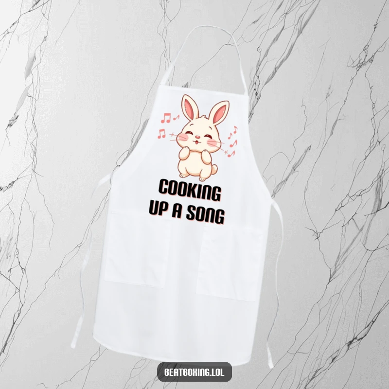 Funny Rabbit Apron: An energetic rabbit puffs its cheeks, emitting musical notes while cooking, a humorous kitchen accessory.