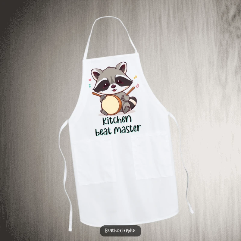 Funny raccoon apron showing a mischievous character mimicking drum sounds with its paws, a hilarious and practical kitchen accessory.