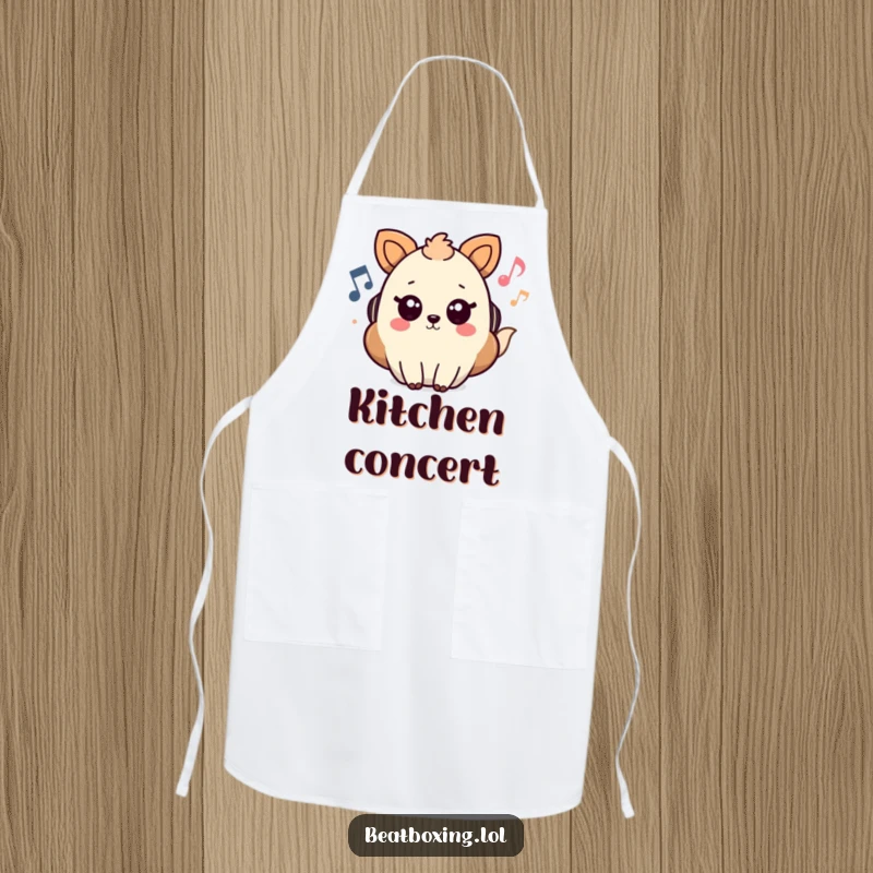 Funny Apron decorated with an animal character creating music with notes and sound waves, ideal for kitchen fun.