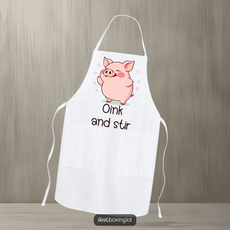 Funny plump pig apron with a pig grunting rhythmically with visible bass vibrations, a humorous kitchen gift.