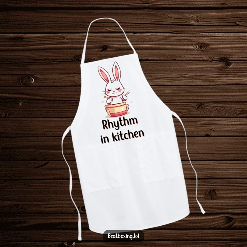 Funny Drumming Rabbit Kitchen Apron featuring a determined rabbit character drumming paws rapidly, for humorous and musical cooking sessions.