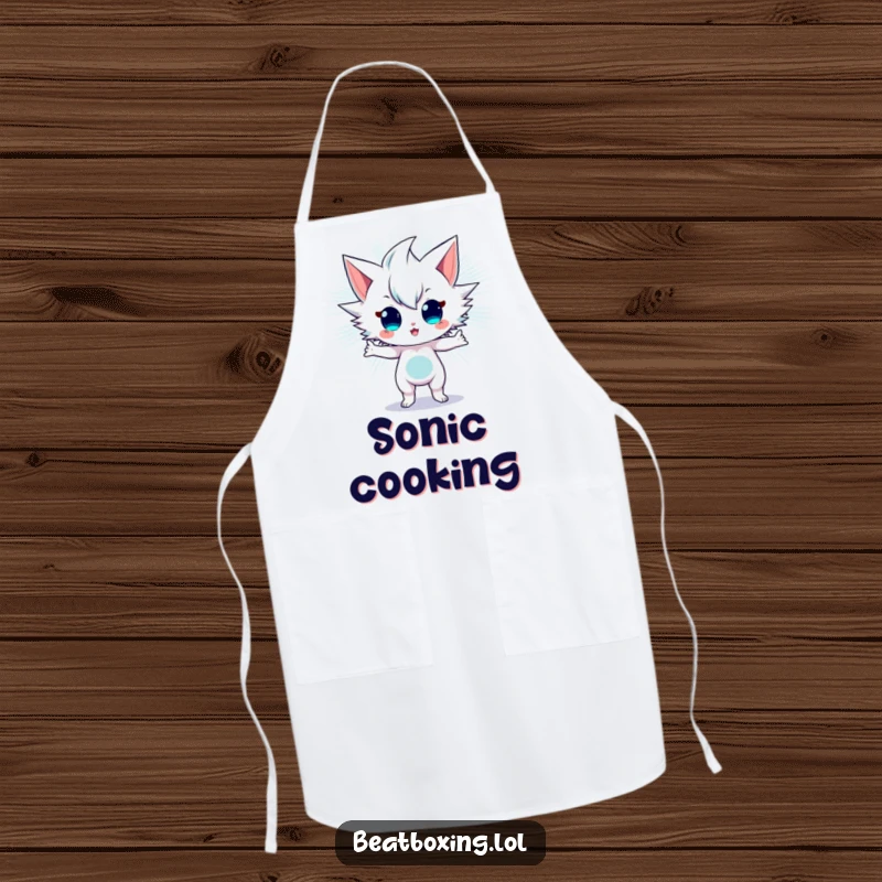 Funny Apron designed with an energetic character radiating sonic vibrations, perfect for cooks who love to make a statement.