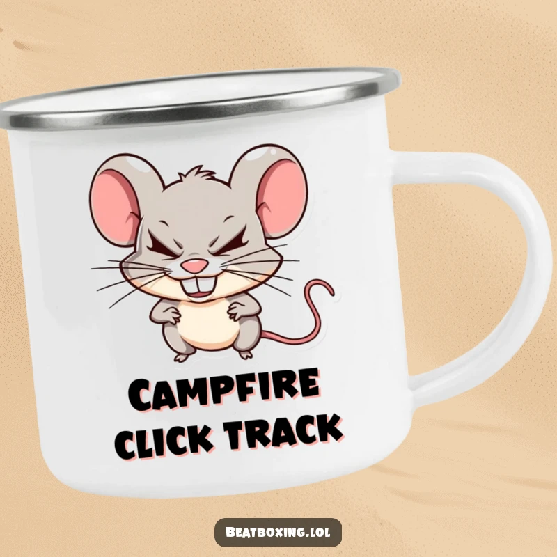 Funny mischievous mouse camping mug showcasing sharp beats from clicking teeth, perfect for outdoor humor.