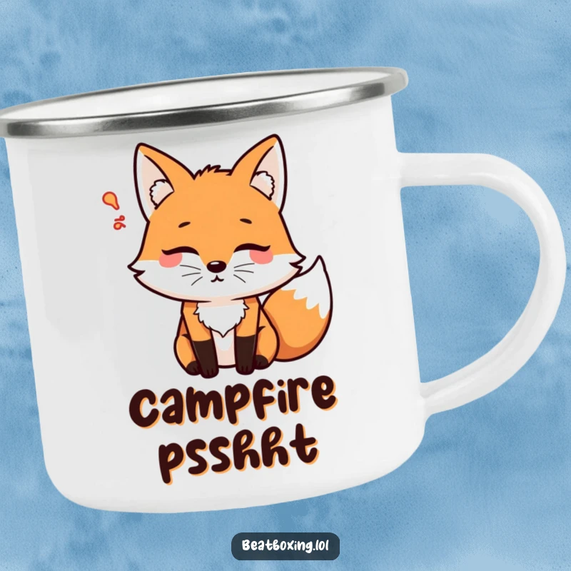 Durable Funny Psshht Fox Camping Mug featuring a focused fox blowing air rhythmically, creating a psshht sound, for outdoor adventures.
