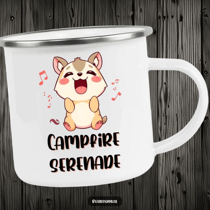 Funny Animal Sound Camping Mug: A cute animal character sings loudly, adding humorous musical vibes to outdoor drinks.