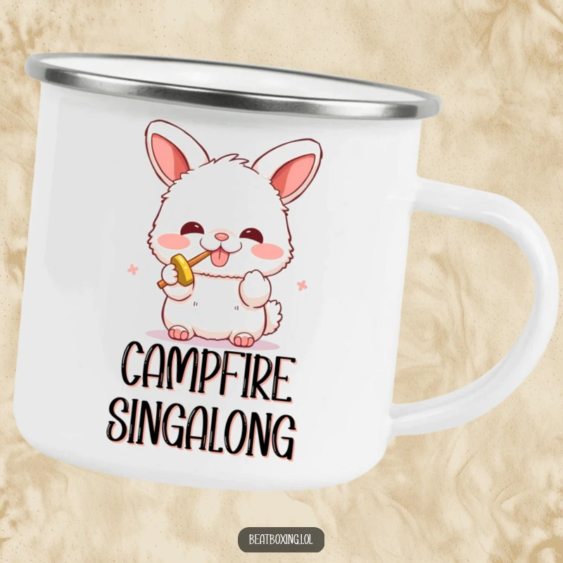 Funny camping mug with a fluffy bunny character enthusiastically beatboxing. Sturdy and humorous for camping trips.