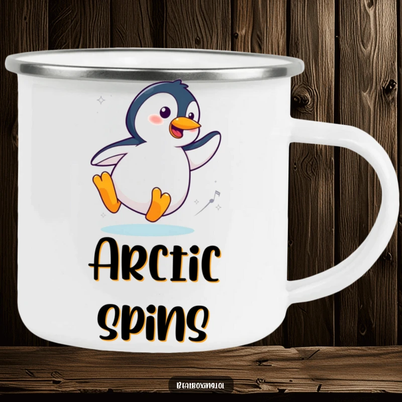 Durable Funny Cool Penguin Camping Mug featuring a stylish penguin character sliding and spinning with flair, for chic and adventurous outdoor trips.