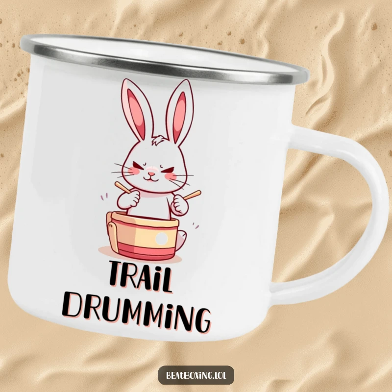 Durable Funny Drumming Rabbit Camping Mug featuring a determined rabbit character drumming paws rapidly, for adventurous and rhythmic outdoor trips.