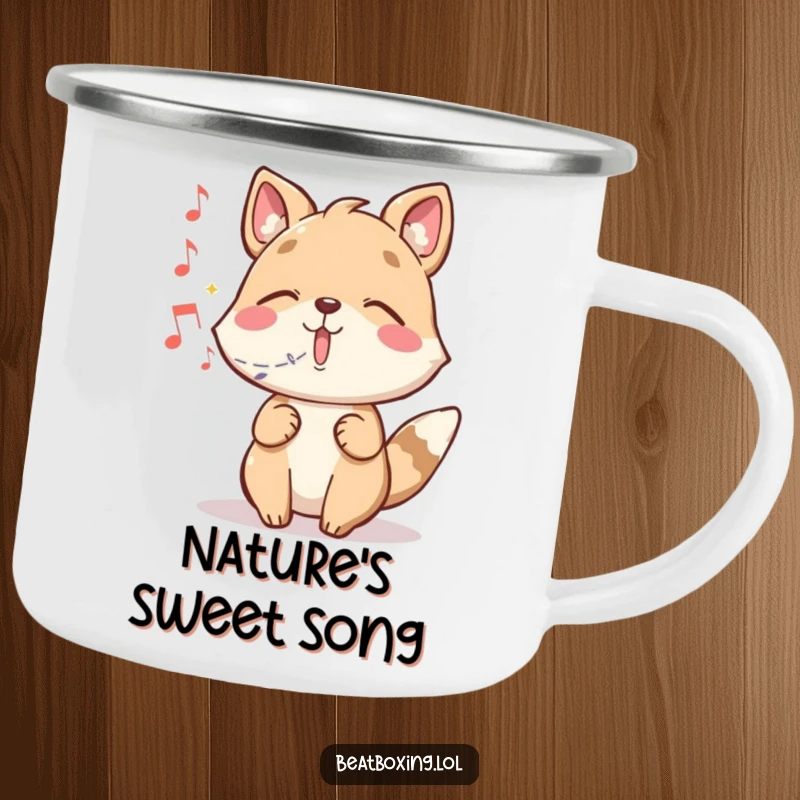 Funny camping mug with a whimsical animal character conjuring musical notes around a campfire.