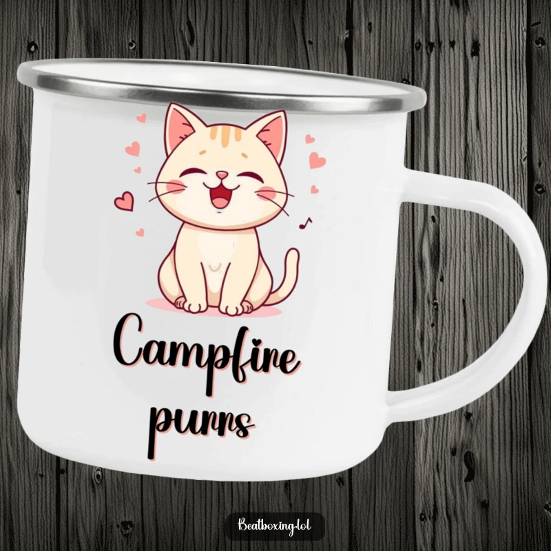 Durable Funny Purring Cat Camping Mug featuring a happy cat character purring with gentle rhythm and playful meows, for relaxing outdoor trips.