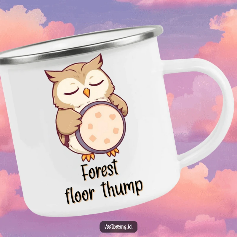 Funny owl camp mug showcasing a sleepy character mimicking a kick drum with its belly, a humorous outdoor companion.