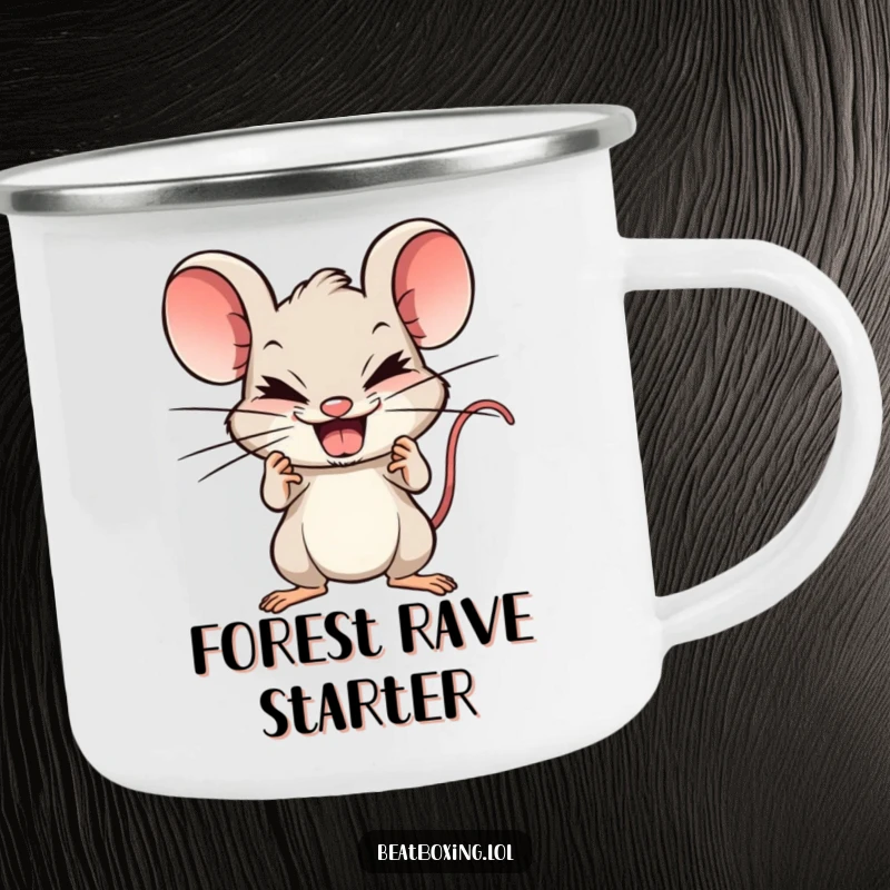 Funny Mouse Beatboxer Camping Mug: Mischievous mouse beatboxing, perfect for outdoor coffee or tea, sturdy and funny.