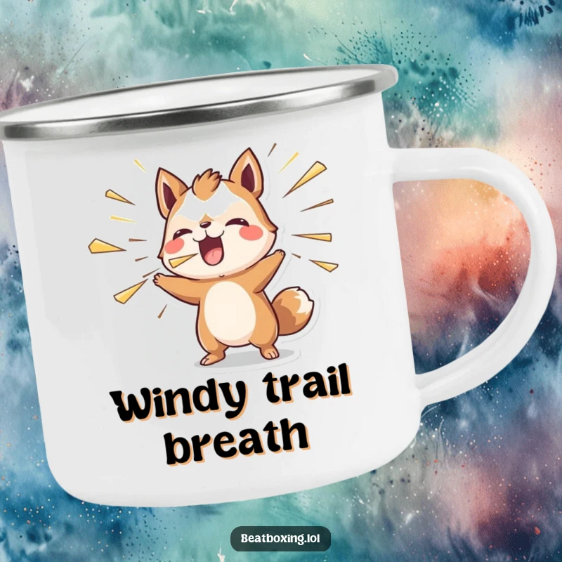 Funny camping mug with an animal character blowing air outwards rhythmically, for outdoor enthusiasts.
