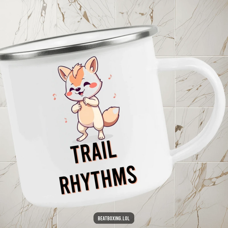 Funny camping mug with an animal character tapping out a complex beat on its limbs, for outdoor musicians.
