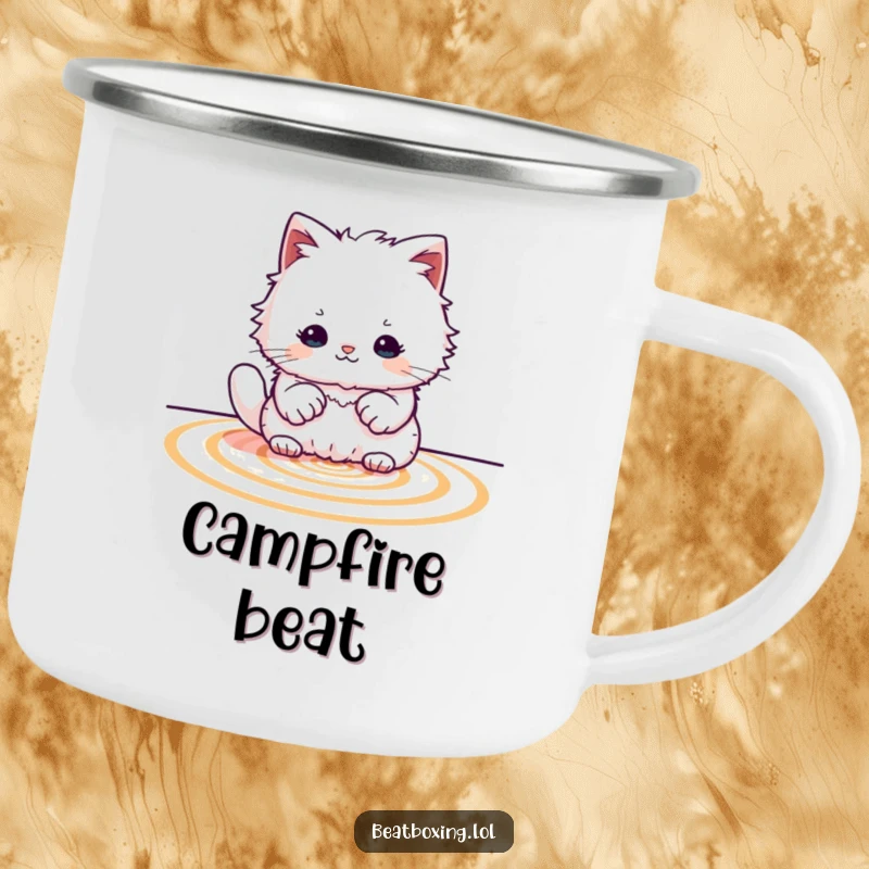 Funny Cat Drummer Camping Mug: A durable mug for outdoor adventures featuring a fluffy cat creating rhythmic patterns with its paws.