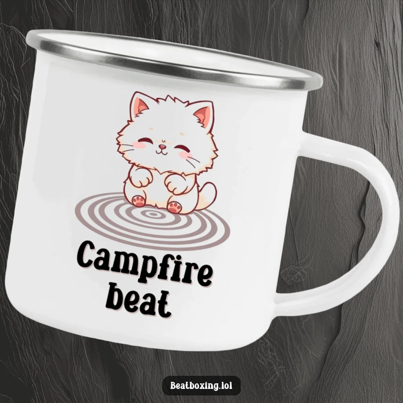 Funny camping mug featuring a fluffy cat creating rhythmic patterns with its paws, perfect for outdoor art enthusiasts.