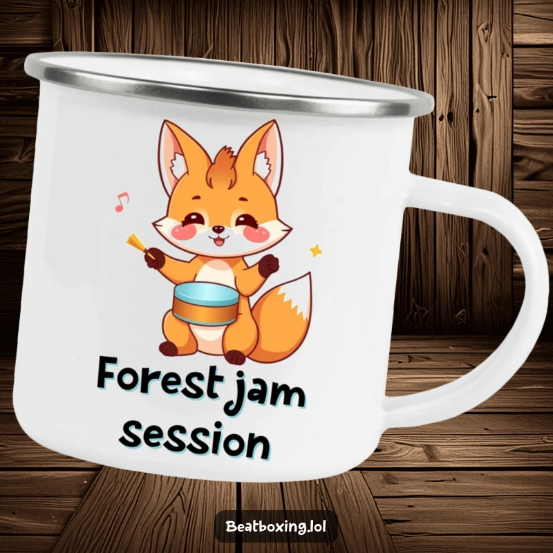 Funny Fox Camping Mug: A cheerful fox rhythmically drums on its head with its paws, perfect for outdoor adventures.