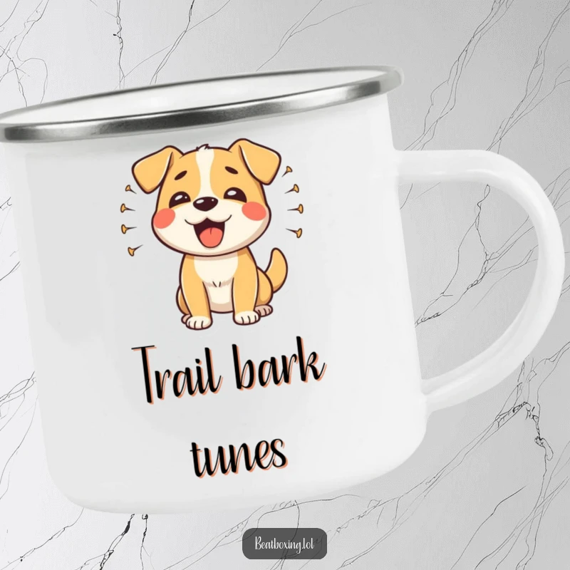 Funny happy dog camping mug showcasing sound waves from a dog's rhythmic barks, perfect for outdoor humor.