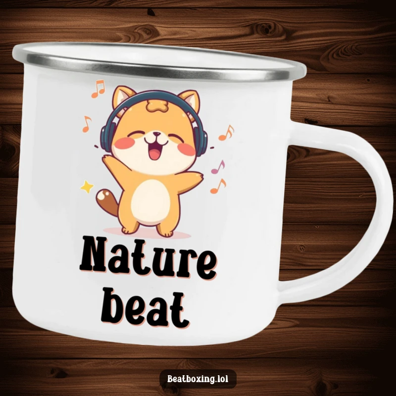 Funny camping mug featuring a happy animal character energetically bobbing its head, perfect for enjoying music in the great outdoors.