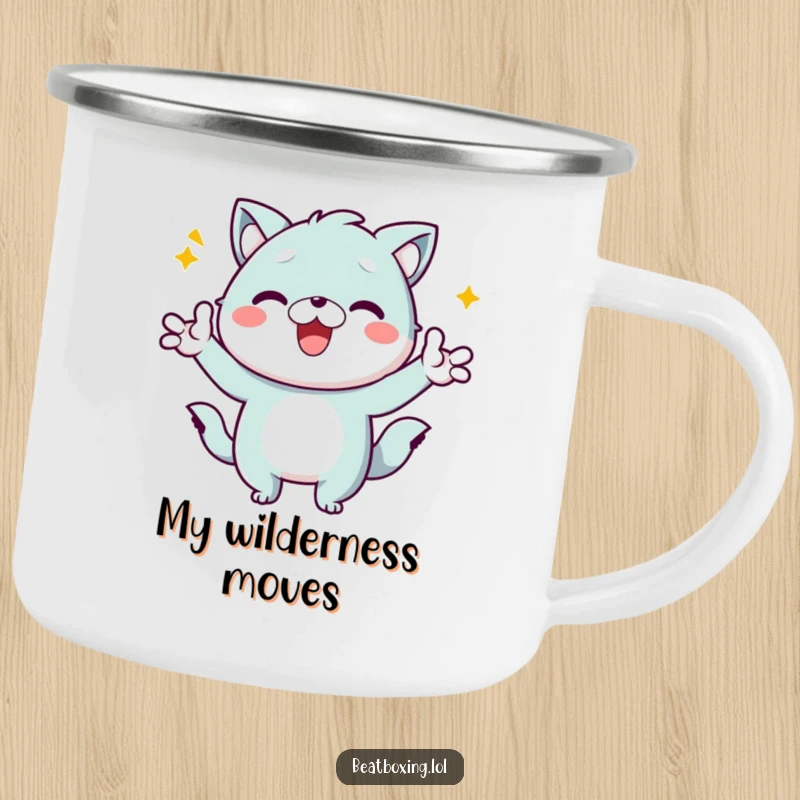 Funny Kawaii Animal Camping Mug: A cute, energetic character making lively gestures, built for outdoor adventures and morning coffee.