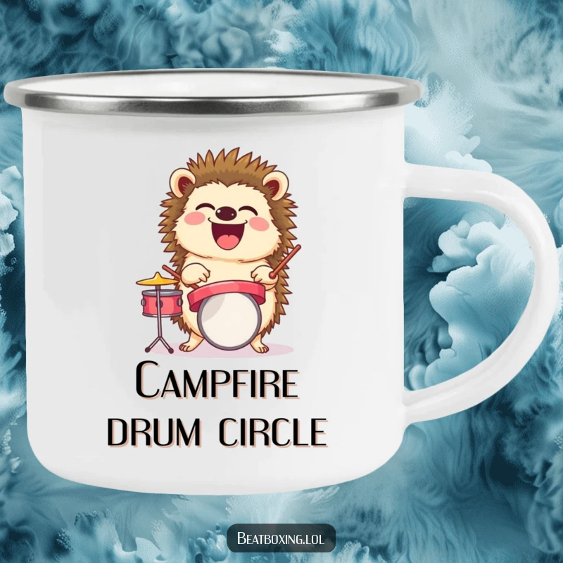 Funny camping mug featuring a laughing hedgehog balancing a tiny drum set, ideal for humorous outdoor use.