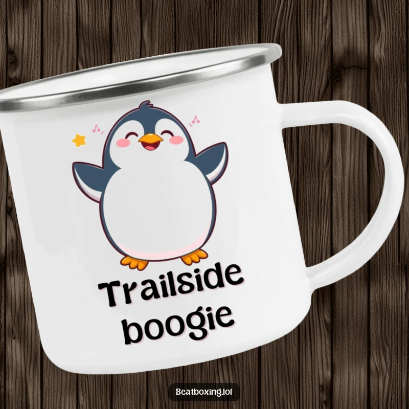 Funny penguin camp mug showcasing a joyous character vibrating with internal rhythm and hip movements, a humorous outdoor companion.