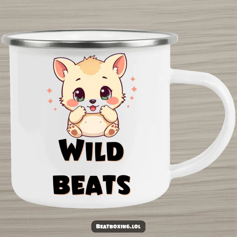Funny camping mug featuring a small animal character with wide eyes, mimicking percussive sounds with its paws, perfect for outdoor beats.