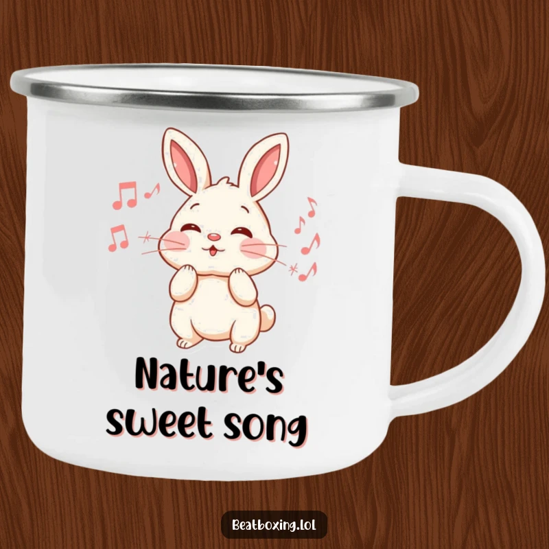 Funny Rabbit Camping Mug: An energetic rabbit puffs its cheeks, emitting musical notes, perfect for outdoor adventures.