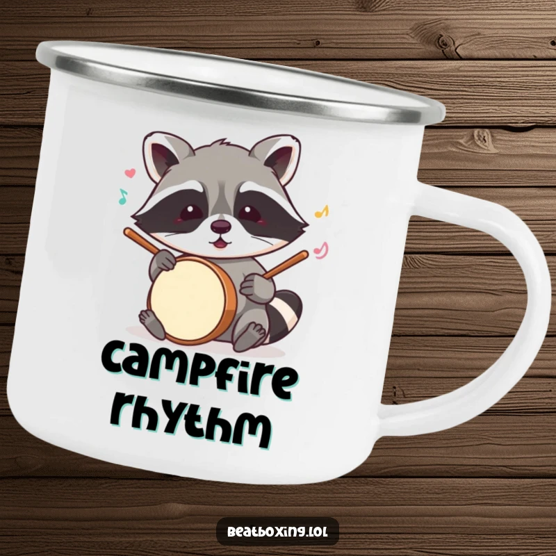 Funny raccoon camp mug showcasing a mischievous character mimicking drum sounds with its paws, a humorous outdoor companion.