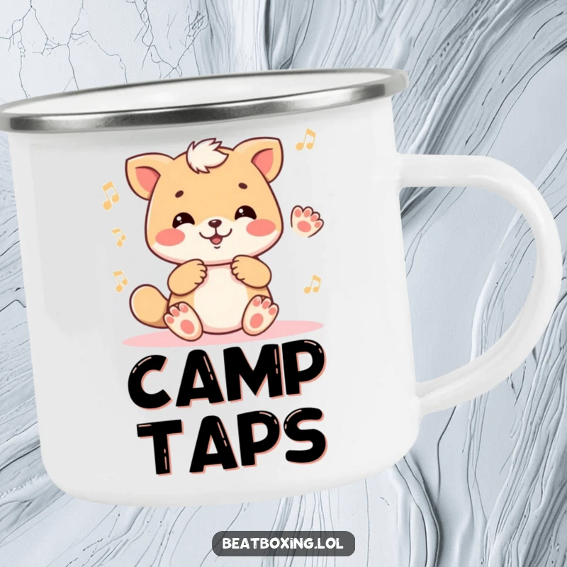 Funny camping mug featuring a cute animal character tapping its paws rhythmically, perfect for enjoying music in the great outdoors.