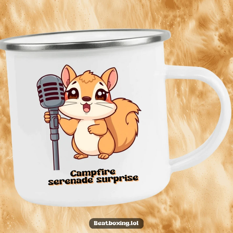 Funny camping mug featuring a surprised squirrel peeking from behind a microphone stand, perfect for humorous outdoor use.