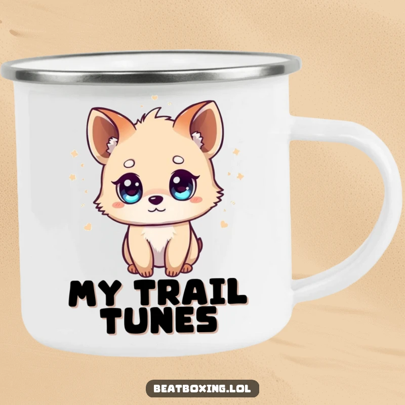 Funny Tiny Animal Camping Mug: A small creature with bright eyes, radiating musical beats, built for outdoor adventures and coffee.