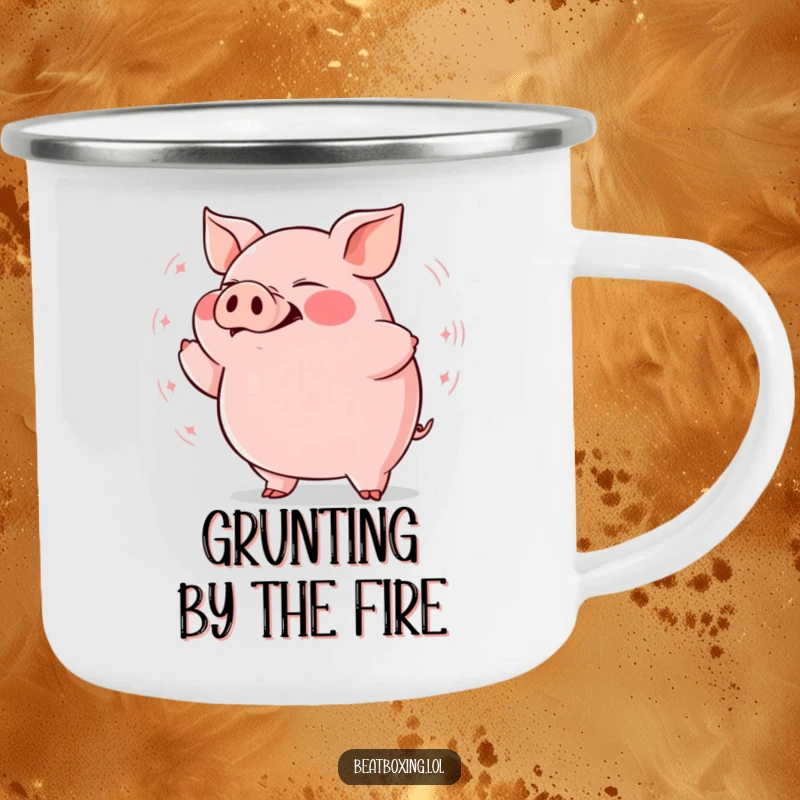 Funny plump pig camping mug showcasing rhythmic grunts and bass vibrations, perfect for outdoor humor.