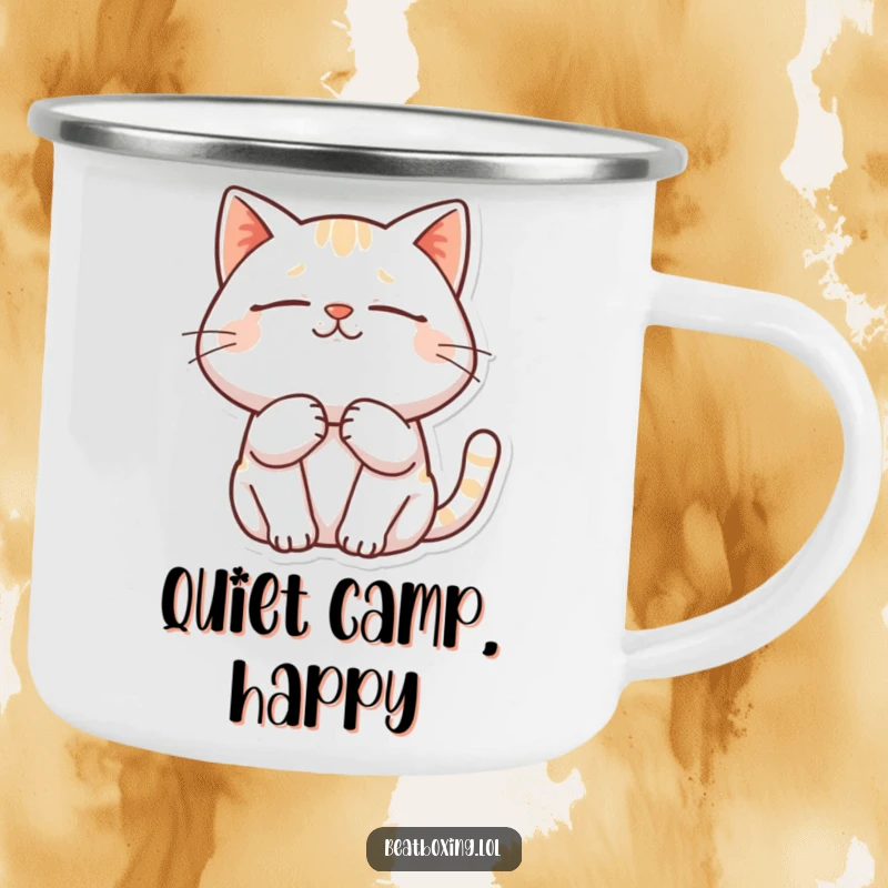 Funny camping mug with a contented cat purring deeply with closed eyes.
