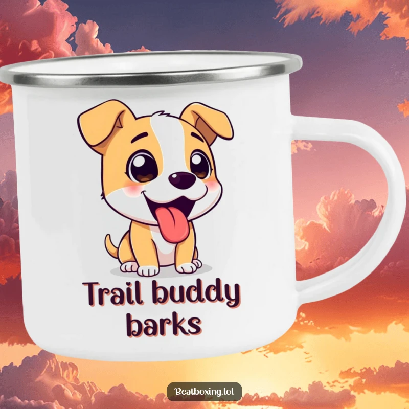 Funny camping mug with an excited dog barking happily, tongue out, ready for adventure.